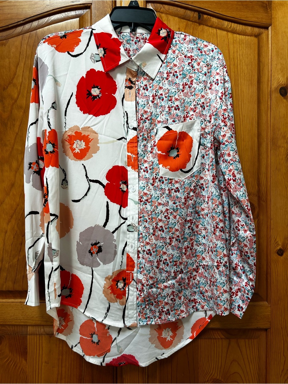 Women’s Floral Split-Print Button-Up Shirt in White, Red, Orange, Lavender
